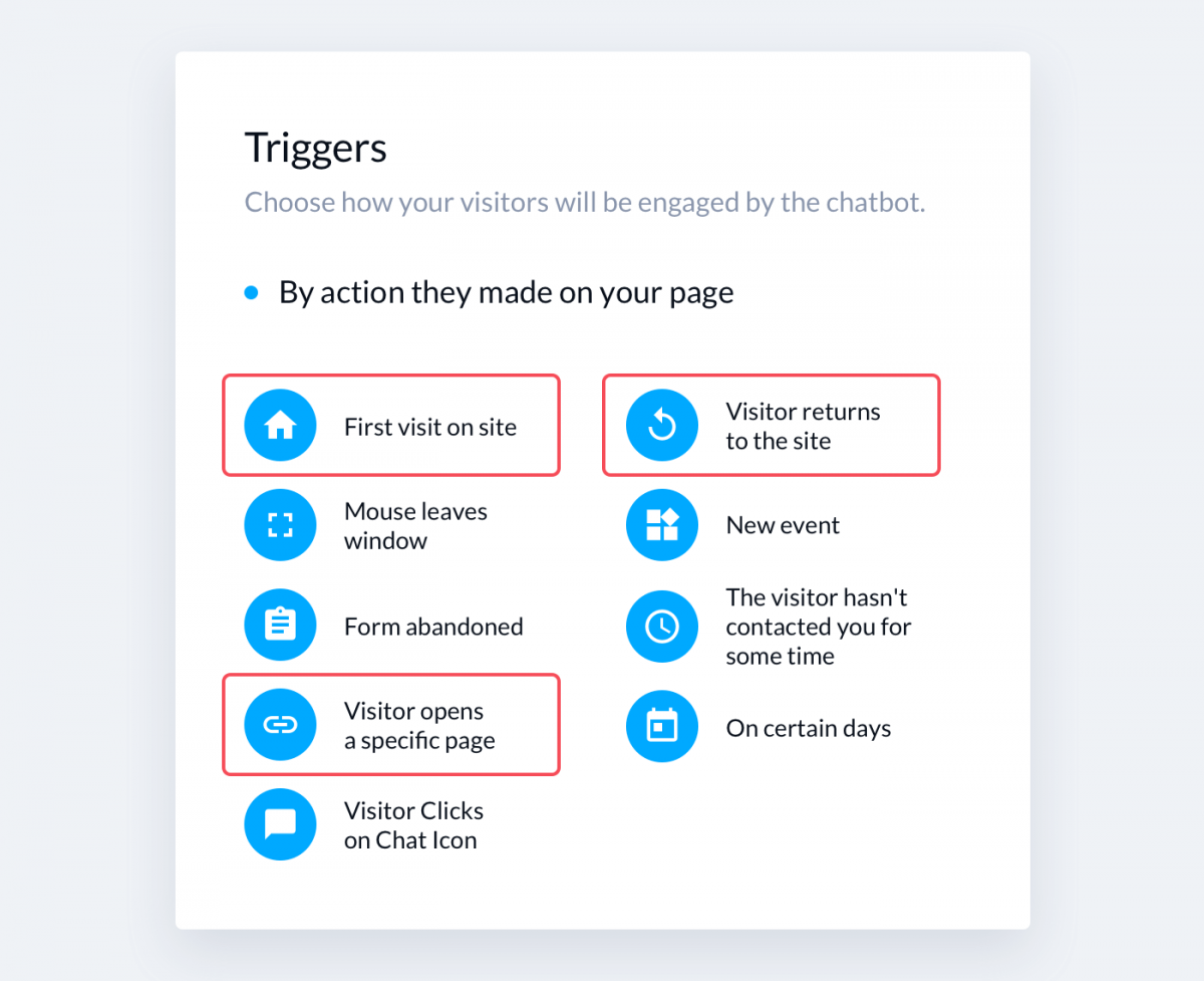 Triggers available in the Tidio editor